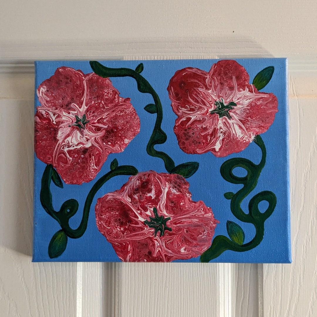 8x10 Red Flower and Vines Painting Etsy