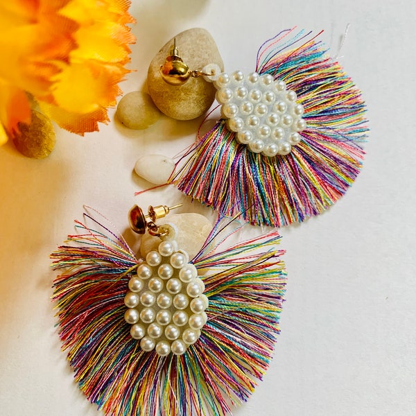 White pearl colorful tassel earrings