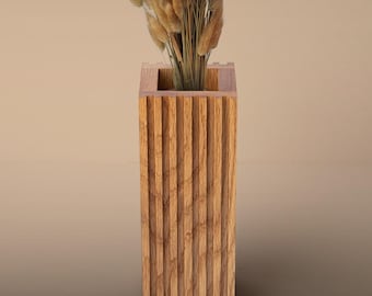 Florero de roble hecho a mano – Diseño moderno acanalado, incluye inserto de vidrio