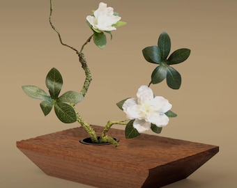 Jarrón Ikebana de nogal hecho a mano — Incluye rana Kenzan de latón