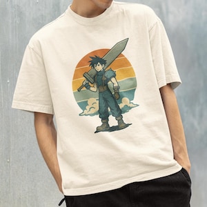 Retro Cloud Strife FF7 T-Shirt, Final Fantasy Vintage Style Gamer Tee, Buster Sword Graphic, 90s Anime Aesthetic Shirt, Unisex Gaming Gift