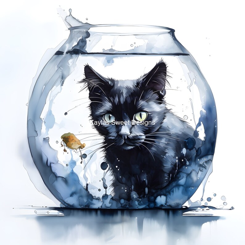 Cat and Fishbowl Clipart PNG, Set of Clipart Elements, Commercial Use