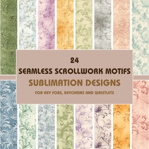 May include: 24 seamless scrollwork motifs sublimation designs for key fobs, keychains and wristlets. The designs feature a variety of colors and patterns, including green, blue, pink, and yellow.