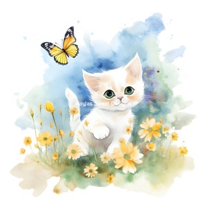 Kitten in a butterfly field - Clipart PNG, Set of Clipart Elements, Commercial Use, Pet Clipart, Card Making, Junk Journal, Digital Art
