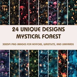 24 Sublimación de llavero de bosque místico, paquete de pulsera de llavero, gráficos de llavero, pulsera png, diseño de sublimación de pulsera de llavero