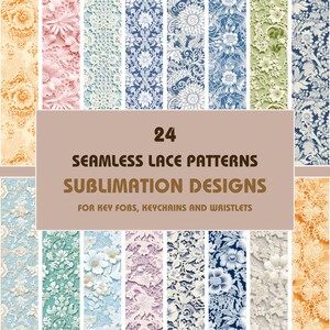Könnte beinhalten: 24 nahtlose Spitzenmuster für Sublimationsdesigns. Diese Designs sind perfekt für Schlüsselanhänger, Schlüsselringe und Armbänder. Die Muster zeigen eine Vielzahl von Farben und Stilen, darunter florale, geometrische und abstrakte.