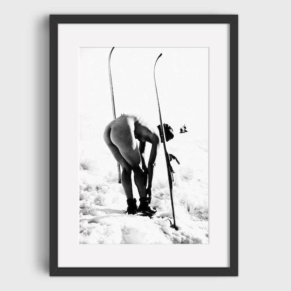 VINTAGE NUDE SKIER Photo Print - Digital Download, Printable Art, Vintage Ski Art, Ski Home Decor, Ski Lodge Wall Decor, Ski Poster