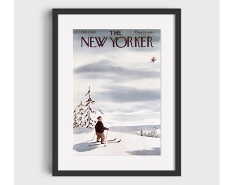 1957 THE NEW YORKER Magazine Ski Poster - Vintage Ski Art, Ski Home Decor, Antique Ski, Ski Lodge Wall Decor, Ski Poster