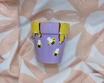 Hand Painted Pot - Lilac Bee and Honey Terracotta Pot (3.5 inch)
