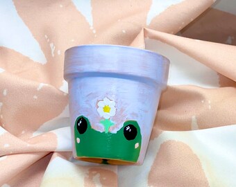 Hand Painted Pot - Baby Blue Daisy Frog Terracotta Pot (2 inch)