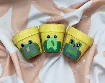 ONE INCH* Hand Painted Pot Set of Three - Baby Yellow Frogs with Cute Potted Plants
