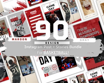 90 Basketball IG Post Pack - Maroon Red & Gray