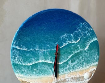 Ocean Resin Wall Clock – Beach Wave Art Clock with Sand and Shell – Handmade Coastal Home Decor