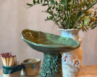 Handmade Green Ceramic Pedestal Bowl – Floral Pottery Dish, Unique Rustic Home Decor