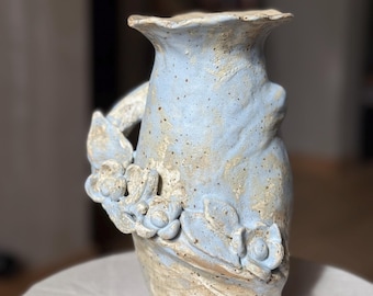 Rustic Handmade Pottery Vase – Irregular Blue Ceramic Art Piece with Botanical Motif