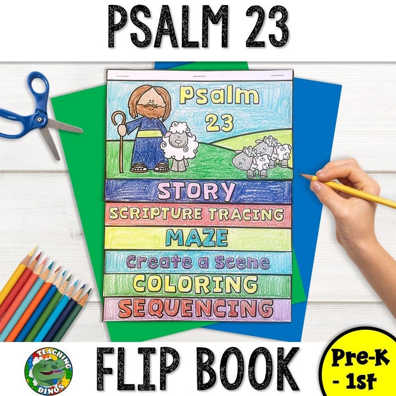 This Psalm 23 The Lord is my shepherd flip book is a bible activity craft for christian sunday school kids that includes a bible story, scripture tracing, bible coloring pages, create a scene, maze, and bible story sequencing.