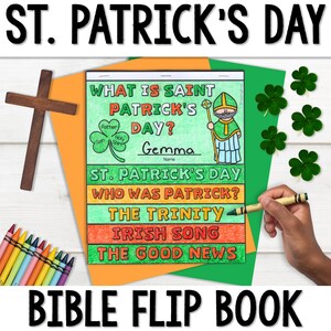 May include: A printable St. Patrick's Day Bible flip book for kids. The book includes a title page with a cartoon of St. Patrick, a shamrock, and the text "What is Saint Patrick's Day?" The book also includes pages with the text "St. Patrick's Day, Who Was Patrick?", "The Trinity", "Irish Song", and "The Good News".
