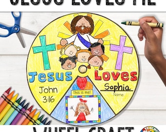 Può includere: Un lavoretto a forma di ruota colorato con un'immagine di Gesù al centro. La ruota è divisa in sezioni con le parole "Gesù" e "Ama" e il versetto biblico "Giovanni 3:16". C'è uno spazio per un bambino per scrivere il suo nome e una sezione per disegnare un'immagine di se stesso.