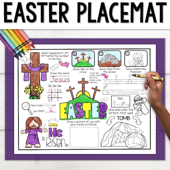 Easter Placemat Bible Activity Craft | Printable Bible Story Coloring Page | Jesus Resurrection Bible Story | Sunday School Christian Kids