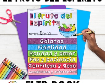 Puede incluir: Un colorido flip book titulado "El Fruto Del Espíritu" con una ilustración de un cuenco de frutas. El libro enumera virtudes en español, incluyendo "Gálatas" y "Fidelidad". Se ven crayones y tijeras, lo que sugiere una actividad de aprendizaje. También está presente el texto "Teaching Dinos".