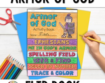 May include: A colorful flip book titled "Armor of God" with a drawing of a Roman soldier on the cover. The book includes activities like "Ephesians", "Me in God's Armor", "Spelling Field", "Seek & Find", "Color by Number", and "Trace & Color".
