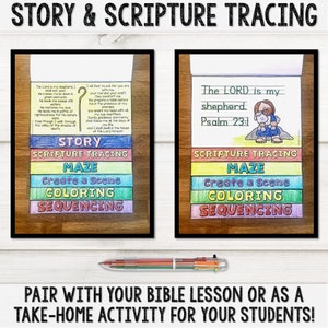 This Psalm 23 The Lord is my shepherd flip book is a bible activity craft for christian sunday school kids that includes a bible story, scripture tracing, bible coloring pages, create a scene, maze, and bible story sequencing.