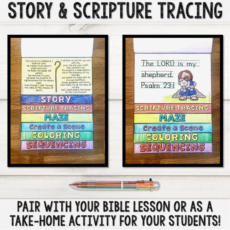 This Psalm 23 The Lord is my shepherd flip book is a bible activity craft for christian sunday school kids that includes a bible story, scripture tracing, bible coloring pages, create a scene, maze, and bible story sequencing.