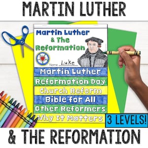May include: An educational worksheet about Martin Luther and the Reformation, featuring text and illustrations. The worksheet includes the name "Luke" and the phrase "3 LEVELS!" with crayons and scissors in the image.