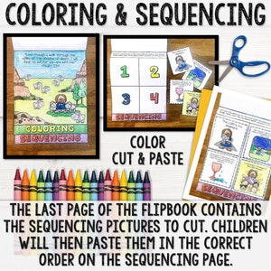 This Psalm 23 The Lord is my shepherd flip book is a bible activity craft for christian sunday school kids that includes a bible story, scripture tracing, bible coloring pages, create a scene, maze, and bible story sequencing.
