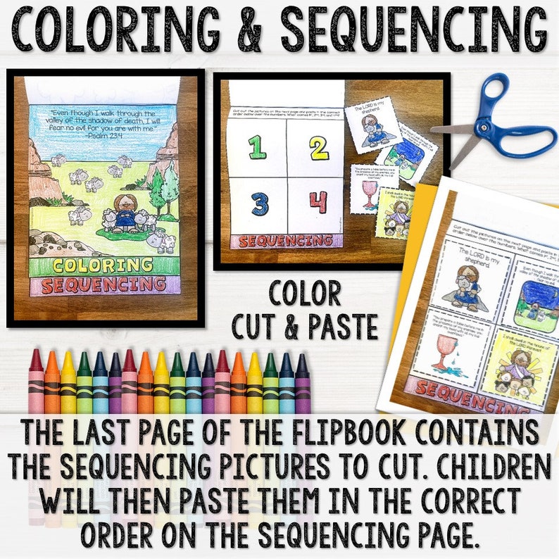 This Psalm 23 The Lord is my shepherd flip book is a bible activity craft for christian sunday school kids that includes a bible story, scripture tracing, bible coloring pages, create a scene, maze, and bible story sequencing.