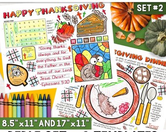 May include: Two printable Thanksgiving placemats with coloring pages and word searches. The placemats feature a turkey, a pumpkin, and a plate of food. The placemats are 8.5 inches by 11 inches and 17 inches by 11 inches. The text on the placemats includes "Happy Thanksgiving", "Giving thanks always and for everything to God", and "Giving Dinner".