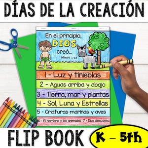 Manualidad de la historia bíblica para colorear / Libro animado para colorear con los 7 días de la creación / Actividad de la escuela dominical en español / Manualidad bíblica para colorear con los 7 días de la creación