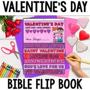 Valentinstag Bibel Handwerk Aktivität Flip Buch | Druckbare Sonntagsschule für Kinder | Christian Valentin | Hausschulaktivität