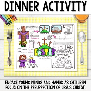 Printable Easter brunch and/or dinner activity placemat coloring page about the resurrection of Jesus story for Christian home school kids and Sunday school.
