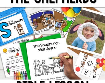 May include: A colorful set of printable educational resources for a Bible lesson about the shepherds visiting Jesus. The set includes a coloring page, a tracing activity, a letter recognition card, and a counting activity.