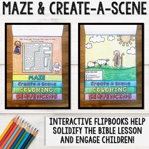 This Psalm 23 The Lord is my shepherd flip book is a bible activity craft for christian sunday school kids that includes a bible story, scripture tracing, bible coloring pages, create a scene, maze, and bible story sequencing.