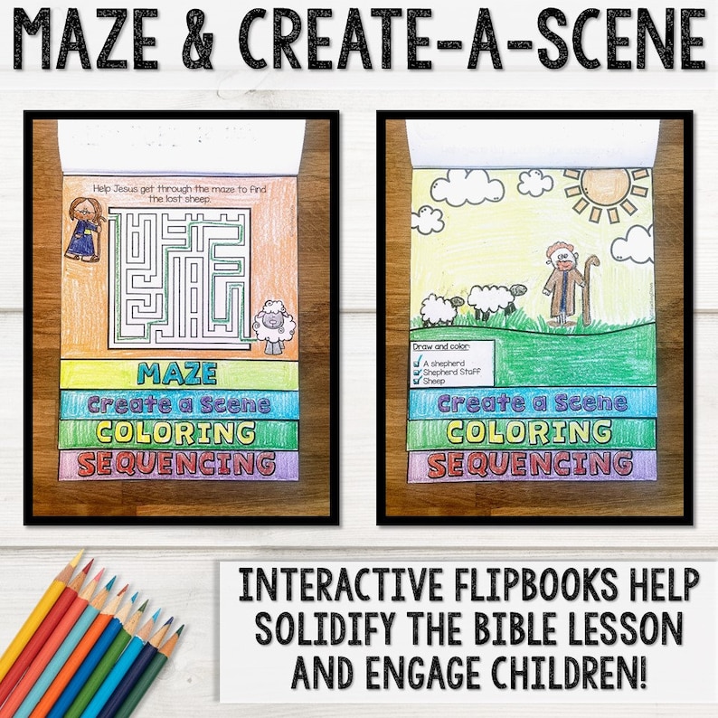 This Psalm 23 The Lord is my shepherd flip book is a bible activity craft for christian sunday school kids that includes a bible story, scripture tracing, bible coloring pages, create a scene, maze, and bible story sequencing.