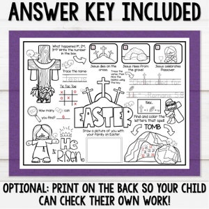 Printable Easter brunch and/or dinner activity placemat coloring page about the resurrection of Jesus story for Christian home school kids and Sunday school.