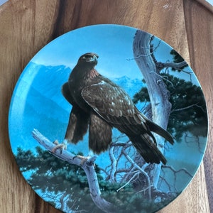 May include: A decorative plate featuring a detailed illustration of a golden eagle perched on a tree branch. The background shows a mountain range and a blue sky. The plate has a dark brown eagle with a light blue background.