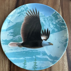 May include: A decorative plate featuring a majestic bald eagle in flight against a backdrop of snow-capped mountains and a light blue sky. The eagle has brown and white feathers, with a yellow beak. The plate has a round shape.
