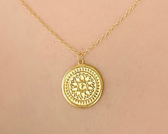 18k Gold Plated 925 Sterling Silver Mandala Medallion Flower Pendant Necklace