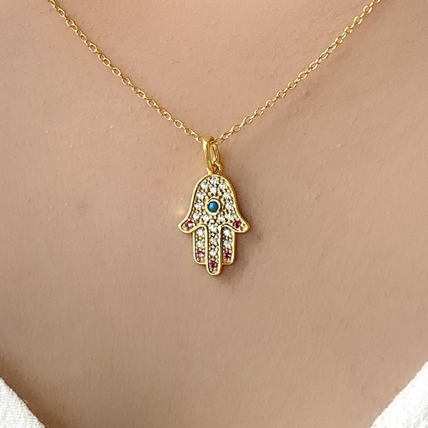 18k Gold Vermeil 925 Sterling Silver Turquoise and Ruby Hamsa Hand of Fatima Pendant Necklace