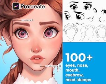 105 Procreate Cartoon Style Eyes, Nose, Mouth, Eyebrow, Head Stamps - Detailed Realistic Easy Brushes - Animation Face Drawing