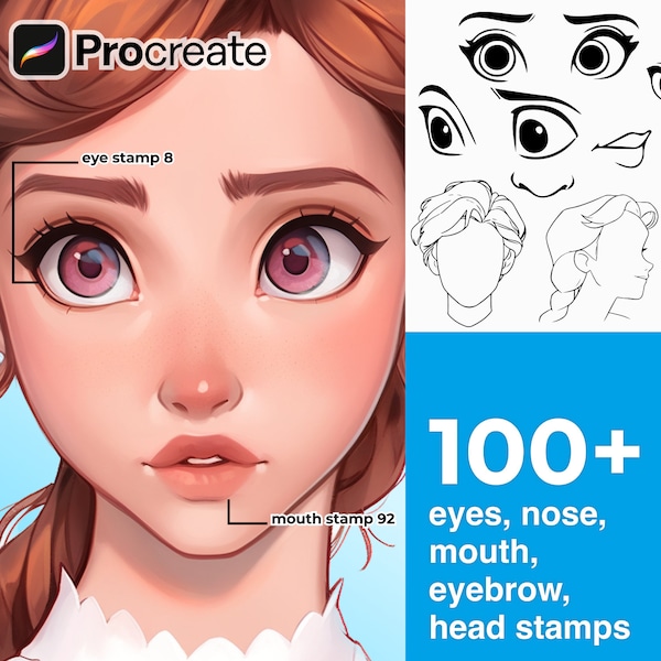 105 tampons Procreate style dessin animé pour les yeux, le nez, la bouche, les sourcils et la tête - Pinceaux faciles réalistes détaillés - Dessin de visage animé