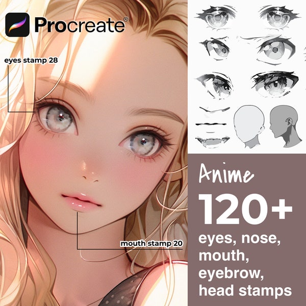 125 Procreate Anime Eyes, Nose, Mouth, Eyebrow, Head Stamps  - Detailed Realistic Easy  Brushes - Cartoon Webtoon Face Drawing - Art Stamps