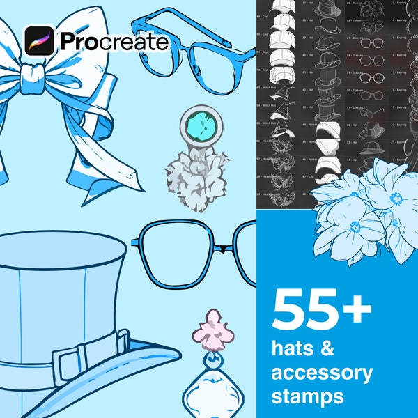 Chapeaux Procreate et tampons pour accessoires - Chapeaux faciles détaillés, fleurs, lunettes, boucles d'oreilles, nœuds - Pinceaux réalistes de dessins animés