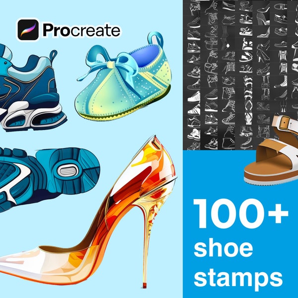 102 Procreate Shoe Stamps - Detailed Easy Sneakers, Slippers, Dress Shoes, Sandals, Flats, Socks, Children's Shoes - Realistic Brushes