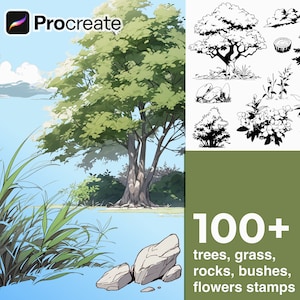 105 Procreate Trees, Grass, Rocks, Bushes, Logs, Flowers Stamps  - Detailed Realistic Easy Brushes - Manga Webtoon Drawing - Art Stamps