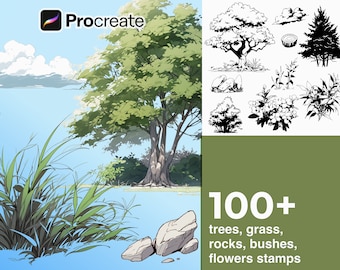 105 Procreate Trees, Grass, Rocks, Bushes, Logs, Flowers Stamps  - Detailed Realistic Easy Brushes - Manga Webtoon Drawing - Art Stamps