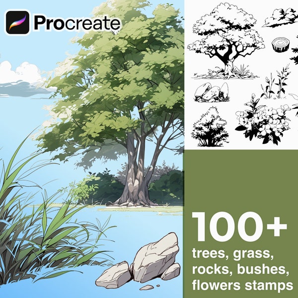 105 tampons procréer des arbres, de l'herbe, des rochers, des buissons, des bûches, des fleurs - pinceaux faciles réalistes détaillés - dessin manga webtoon - tampons artistiques
